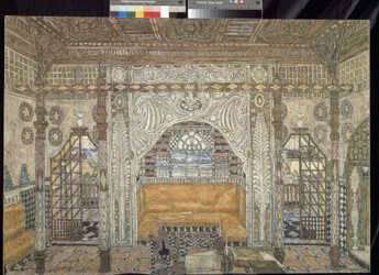 Decor preparatoire pour la stykke ""Othello"" af William Shakespeare (1564-1616) (Scenedesign til skuespillet Othello af William Shakespeare) - Peinture de Alexander Yakovlevich Golovin (Alexandre Golovine) (1863-1930), tempera sur bois