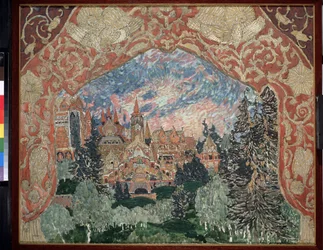 Forberedende indretning til operaen The Magic Mirror af Arseny Korechchenko (1870-1921) (Scenedesign til operaen The Magic Mirror af A.Koreshchenko). Beskrivelse af en russisk by i skoven, indrammet af dekorerede gardiner. Kunstværk af Alexander Yakovlevic