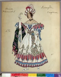 Kostumedesign til skuespillet le bal masque af Mikhail Lermontov (1814-1841) (Kostumedesign til stykket Maskeraden af ​​M.Lermontov). Værk af Alexander Yakovlevich Golovin (Alexander Golovin) (1863-1930), akvarel, gouache, blæk og blyant på pa