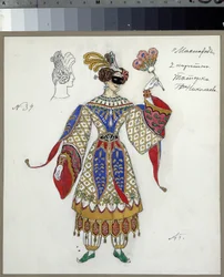 Kostumedesign til skuespillet le bal masque af Mikhail Lermontov (1814-1841) (Kostumedesign til stykket Maskeraden af ​​M.Lermontov). Værk af Alexander Yakovlevich Golovin (Alexander Golovin) (1863-1930), akvarel, gouache, blæk og blyant på pa