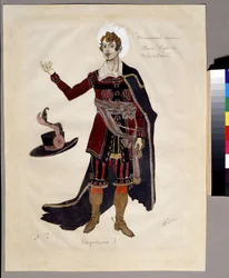 Kostumedesign til operaen ""Le guest de pierre"" af Alexandre Dargomyjski (1813-1869) (Kostumedesign til operaen Stengæsten af ​​A.Dargomyzhsky). Værk af Alexander Yakovlevich Golovin (Alexander Golovin) (1863-1930); Akvarel, gouache og f.eks