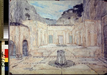 Scenografi til tragedien Antigone efter Sofokles (496 f.Kr.-406 f.Kr.) (Scenedesign til tragedien Antigone efter Sofokles). En offentlig plads omgivet af antikke bygninger, beliggende i et bjerglandskab. Alexanders arbejde