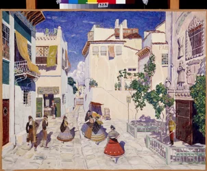 Une rue a Sevilla (Spanien), Dekoration til operaen Carmen af ​​Georges Bizet (1838-1875) (En gade i Sevilla, Scenografi til operaen Carmen af ​​G.Bizet). Værk af Alexander Yakovlevich Golovin (Alexander Golovin) (1863-1930), tempera på papir