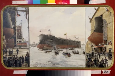 Lanceringen af ​​War Cruiser Pamiat Azova (lanceringen af ​​Battlecruiser Pamiat Azova). Maleri af Alexander Karlovich Beggrov (1841-1914). Akvarel og blæk på papir, 33 x 60 cm