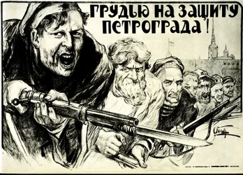 Den russiske revolution. Propagandaplakat af Alexander Petrovich Apsit (1880-1944): Forsvar Petrograds tapperhed! - 1919. Baionette-riffel.
