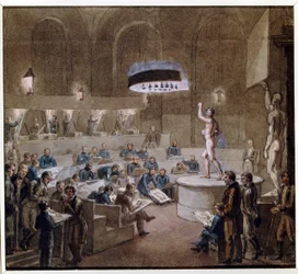 Lektioner baseret på levende modeller på Kunstakademiet (Modelklasse på Kunstakademiet). Værk af Alexei (Alexis) Gavrilovich Venetsianov (1780-1847), akvarel på papir