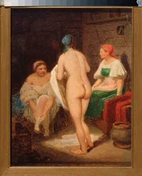 Dans le bain devapor (I dampbad) - Værk af Alexei Gavrilovich Venetsianov (1780-1847), olie på pap, slutningen af ​​1820, russisk kunst 1800-tallet, romantik - Tretyakov-statsgalleriet, Moskva