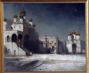 Katedralpladsen i Kreml i Moskva om natten. (Katedralpladsen i Kreml i Moskva om natten). Maleri af Alexei Kondratyevich Savrasov (Savrasov) (1830-1897), olie på lærred