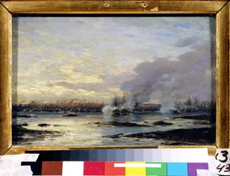 Store Nordlige Krig (1700-1721): ""Slaget ved Gangut, der så den russiske flådes sejr (inklusive Gangut curass) over den svenske flåde den 08/07/1714"" Maleri af Alexei Petrovich Bogolyubov (Bogoliubov eller Bogoliubov) ) (1824-1896) 1876 Stat A