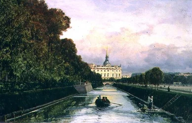 Udsigt over Lebyazhyeva-kanalen mod Mikhailovsky-paladset, Skt. Petersborg (olie på panel)