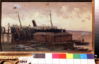""Udsigt over en damper ved kajen i en havn"" Maleri af Alexei Petrovich Bogolyubov (Bogoliubov eller Bogoliubov) (1824-1896) 1874 State United Art Museum, Kostroma, Rusland