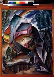 Regnbue. Bjerglandskab med en landsby og figurer, overvundet af en regnbue. Maleri af Alexei Ilyich Kravchenko (1889-1940), olie på lærred, omkring 1920. Russisk avantgarde, landskab fra begyndelsen af ​​det 20. århundrede. Statens Tretyakov Galleri,