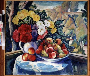 Stilleben på verandaen. (Stilleben på verandaen). Maleri af Alexei Ilyich Kravchenko (1889-1940), olie på lærred 1916. Russisk kunst, begyndelsen af ​​det 20. århundrede. Regionalt kunstmuseum, Simbirsk (eller Ulianovsk) (Rusland).
