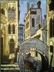 Venedig, Italien (Venedig). Kanal, gondol, bro og facader af byen. Værk af Alexei Ilyich Kravchenko (1889-1940), træsnit. Russisk kunst, landskab fra det 19.-20. århundrede. Statens Tretyakov-galleri, Moskva. (Rusland).