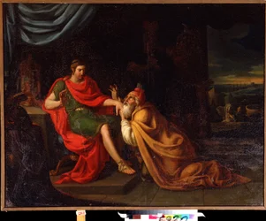 Priam og Achilles. Scene med karakterer fra den trojanske krig. Maleri af Alessandro Varotari kendt som Il Padovanino (1588-1649). Olie på lærred. Venetiansk kunst, barokstil. Far Eastern Art Museum, Khabarovsk, Rusland.