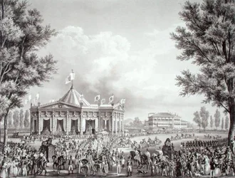 Procession, der passerer pavillonen opført i anledning af Ferdinand 1.s kroning (1793-1875)