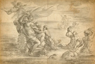 Venus sidder i sin havvogn og sutter på Amor
