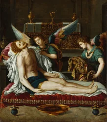 Le Corps du Christ oint par deux anges - Kristi legeme salvet af to engle - Allori, Alessandro (1535-1607) - ca 1593 - Olie på kobber - 45x39 - Szepmuveszeti Muzeum, Budapest