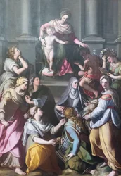 Madonna troner med Child, omgivet af helgener og skikkelser