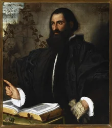 Portræt af Pietro Andrea Mattioli (Pierandrea Matthioli, Matthiole, Matthiolus (1501-1578), medecin et botaniste italien) .Peinture de Alessandro Bonvicino dit il Moretto (1498-1554), huile sur toile, 84x75 cm Nuova Genoa Museum, © Lu Strada Genovas Riccia