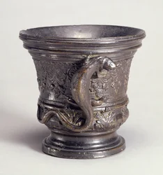 Mørtel med håndtag i form af en firben, ca. 1500 (bronze)