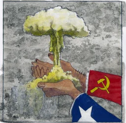 Allegorisk fremstilling af den kolde krig som amerikanske og sovjetiske hænder, der holder atomskyen, illustration af Alessandro Lonati