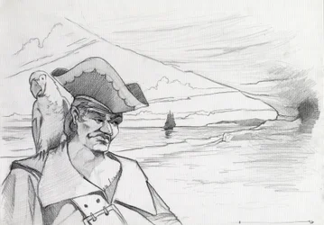Caribisk pirat med papegøje på udkig efter en skat i en hule på en strand med galjon. Tegning af Alessandro Lonati.