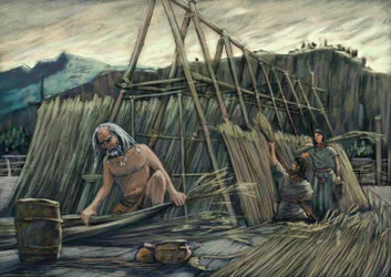 Opførelse af palafitte-huse, forhistoriske huse.