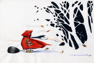 Fabel af Little Red Riding Hood af Charles Perrault (1628-1703) Revisited: The Red Riding Hood, der kommer ind i skoven med en ulvfælde, der er meget farlig for Bete. Tegning af Alessandro Lonati
