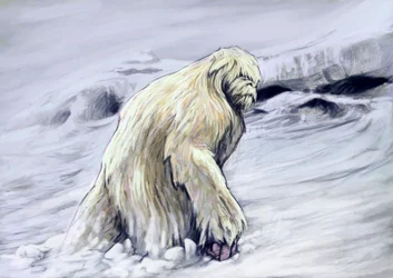 Fantastiske monstre og skabninger, kryptozoologi: fremstilling af en yeti eller «afskyelig snemand», en antropomorf skabning fra folklore i Himalaya-regionen (Yeti eller Den Afskyelige Snemand er et abelignende kryptid, som siges at bebo Himalaya-regionen