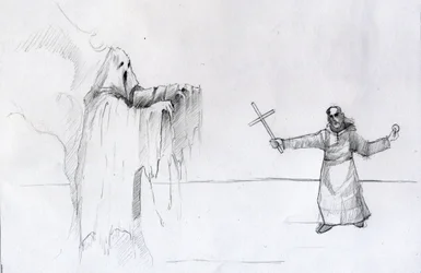 Kamp mellem en munk med et krucifiks og et spøgelse Illustration af Alessandro Lonati