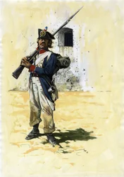 First Empire (1804-1804 og 1815): infanterisoldat og skytte af den franske infanteribrigade af den store Napoleonshær i et fort. Tegning af Alessandro Lonati.