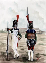 First Empire (1804-1814 og 1815): Grenadersoldater fra Royal Guard of the Great Napoleonic Armee på pladsen ved Sforzesco Castle i Milano, Italien. Tegning af Alessandro Lonati