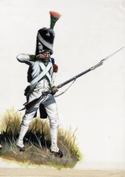 Første imperium (1804-1814 og 1815): Velite-soldat fra den store napoleonske hær i Italien åbner en patron. Tegning af Alessandro Lonati