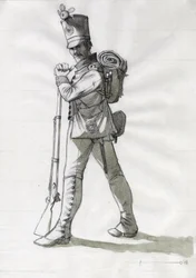 First Empire (1804-1814 og 1815): kostume af en infanterisoldat fra linjeinfanteriet i den østrigsk-ungarske (østrig-ungarske) hær. Tegning af Alessandro Lonati
