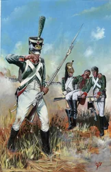 First Empire (1804-1814 og 1815): soldater fra den store napoleonske hær i Italien for at hjælpe en såret kammerat. Tegning af Alessandro Lonati