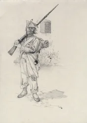 First Empire (1804-1814 eller 1815): soldat fra Napoleons hær, infanteristsoldat fra en brigade af ryttere i et fort. Tegning af Alessandro Lonati