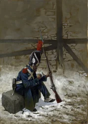 First Empire: Vagtgrenadier i frakke, der sidder i sneen. Tegning af Alessandro Lonati