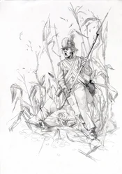 Første imperium (1804-1814 og 1815): soldat fra Napoleons hær, infanterist stormede gennem en majsmark med en såret kammerat. Tegning af Alessandro Lonati