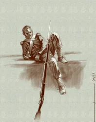Første imperium: let infanterisoldat i hvile under et felttog af Napoleon I (sandsynligvis i Rusland) Begyndelsen af det 19. århundrede. Illustration af Alesandro Lonati. 2010