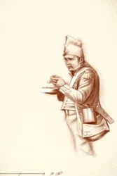 Første imperium: let infanterisoldat under måltid under et felttog af Napoleon I (sandsynligvis i Rusland) Begyndelsen af det 19. århundrede. Illustration af Alesandro Lonati. 2010