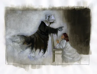 Spøgelse af en ældre nonne med skæve hænder viser sig for en lille pige, der beder Illustration af Alessandro Lonati