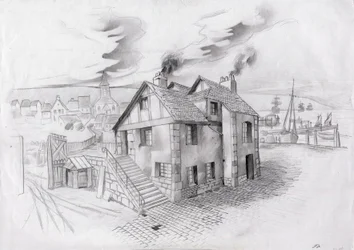 Hus i en landsby nær en havn i Frankrig i det 19. århundrede.