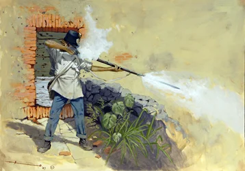 Italiensk felttog: en østrigsk infanterist åbner ild i slaget ved Solferino mellem det østrig-ungarske imperium af Francois-Joseph (Francois Joseph) I af Østrig og den fransk-sardinske koalition af Napoleon III og Victor Emmanuel II (Victor-Emmanu)