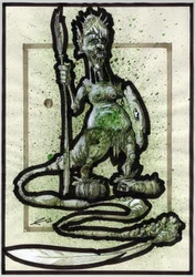 Legendarisk monster til en fantasyillustration: ansigtet af et stammevæsen eller en kriger med spyd, skjold og fjerhale.