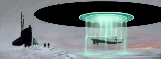 Møde ved Nordpolen mellem en U-båd og en flyvende tallerken (UFO eller rumvæsen) om tilbagelevering af en ubåd, der blev taget af rumvæsener under krigen. Tegning af Alessandro Lonati