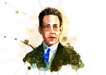 Portræt af den danske atom- og kernefysiker Niels Bohr (1885-1962) (Dansk fysiker Niels Bohr) Illustration af Alessandro Lonati