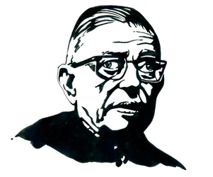 Portræt af den franske forfatter, filosof og dramatiker Jean-Paul (Jean Paul) Sartre Tegning