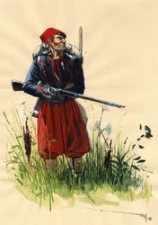 Andet imperium (1852-1870): Zouave-soldat fra den franske hær af Napoleon III under det italienske felttog i 1859 (Slaget ved Solferino den 24. juni 1859 eller slaget ved Magenta den 4. juni 1859). Tegning af Alessandro Lonati