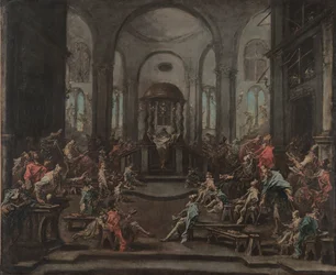 Det indre af en synagoge, ca. 1725-1735.